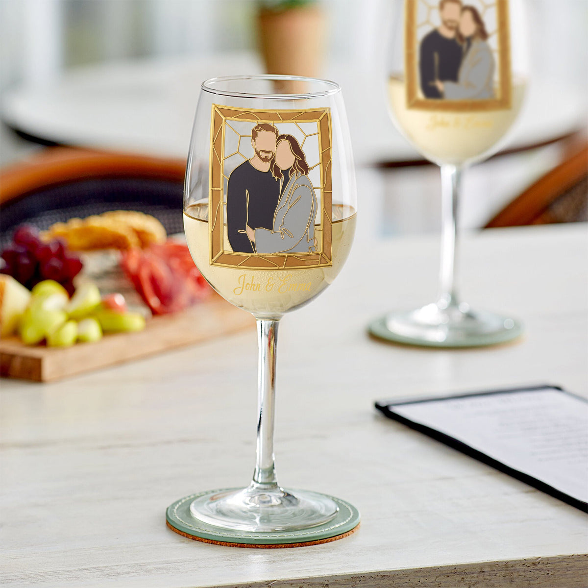 Custom One Line Art From Photo, Hand Painted Stained Glass Style - Personalized Couple Wine Glass With Long Stem