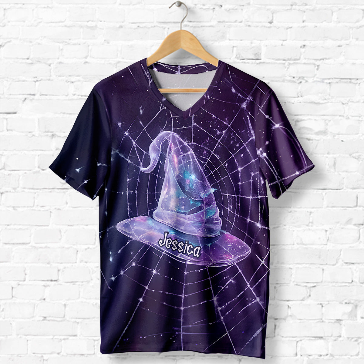 Beautiful Witch Hat In Spider Web - Personalized Witch Fully Printed V-Neck T-Shirt