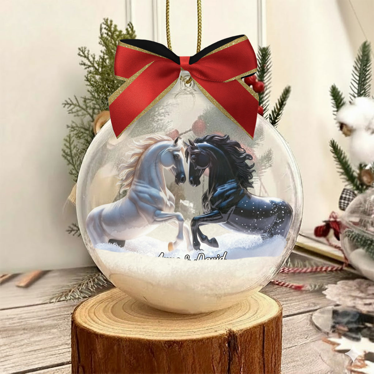 Du und ich, wir schaffen das – Geschenkidee für Paare – Personalisierte Schneekugel mit Pferd und Schleife
