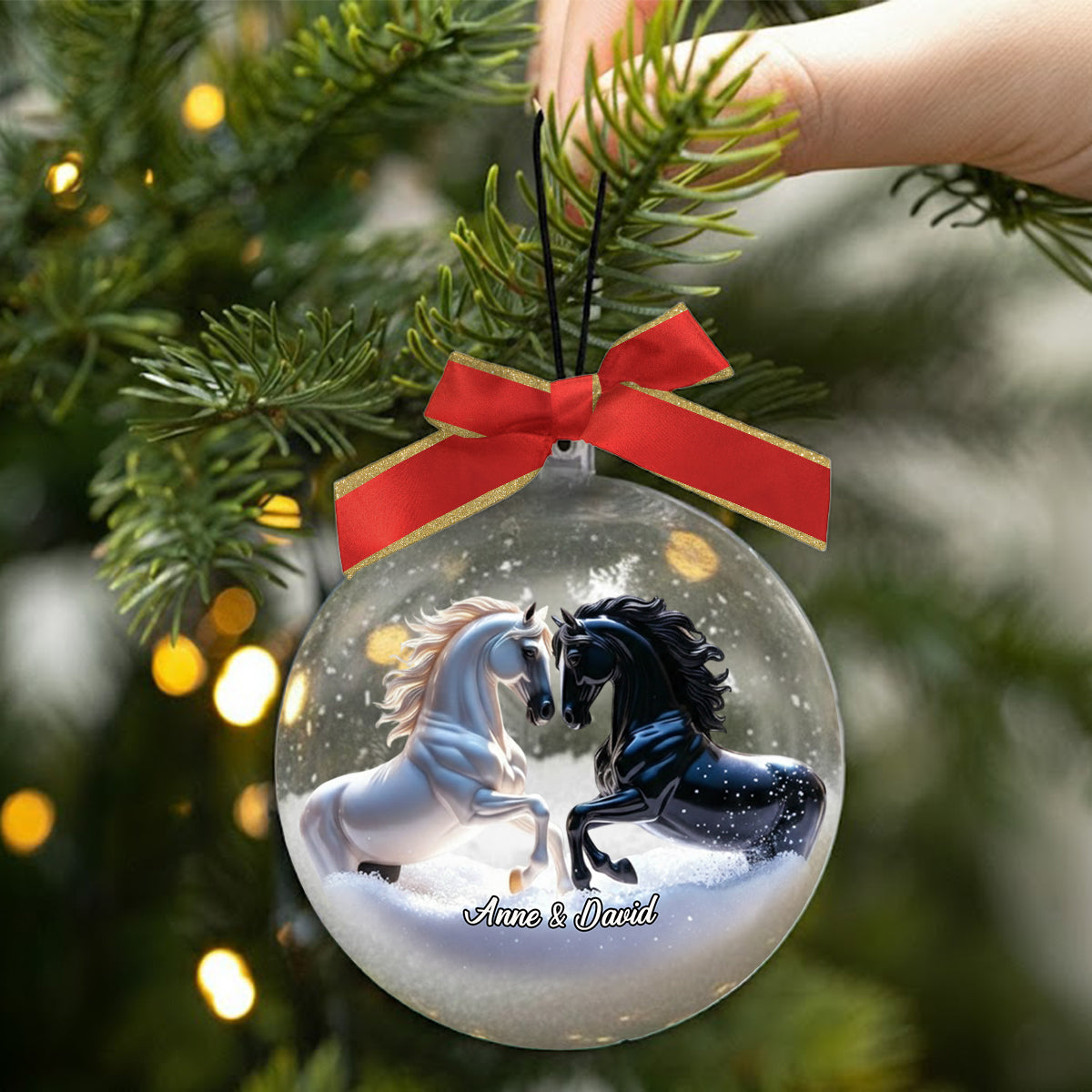 Du und ich, wir schaffen das – Geschenkidee für Paare – Personalisierte Schneekugel mit Pferd und Schleife