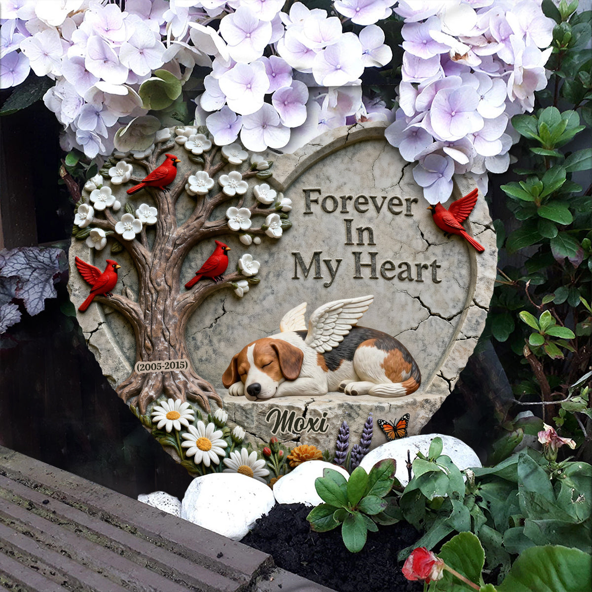 Für immer in meinem Herzen – personalisierter herzförmiger Stein in Hundeform