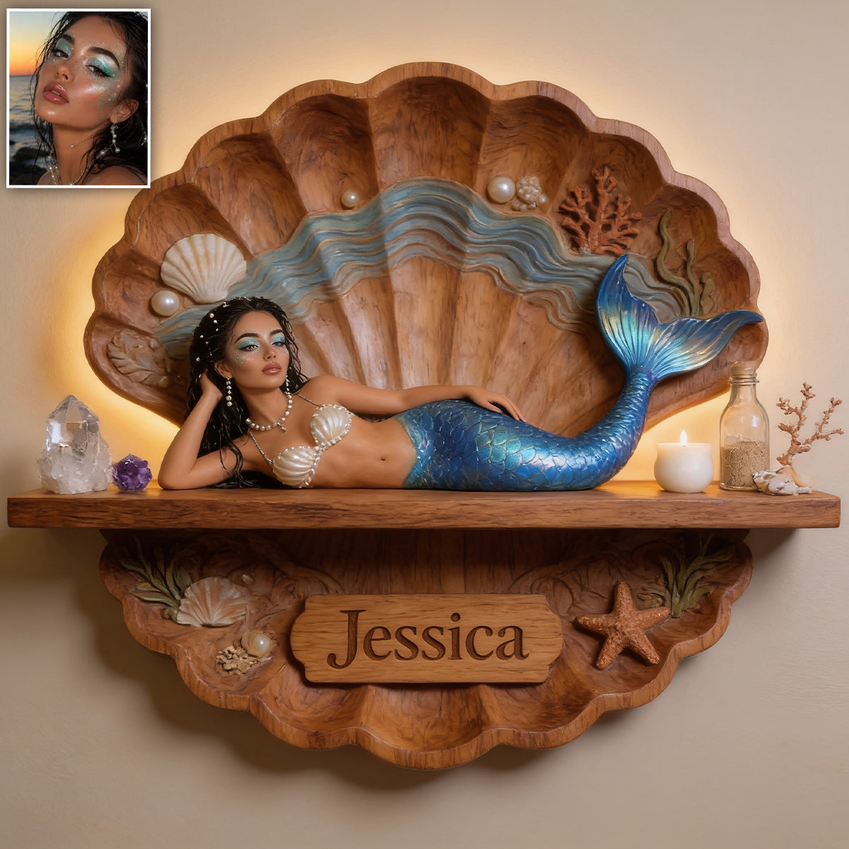 Mermaid Soul - Personalized Mermaid Wooden Floating Shelf