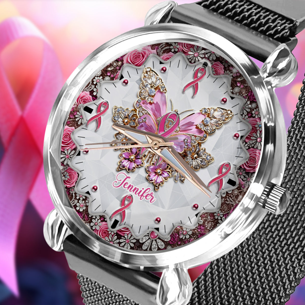 Glaube, Hoffnung, Liebe – Personalisierte Damen-Handuhr zur Sensibilisierung für Brustkrebs 