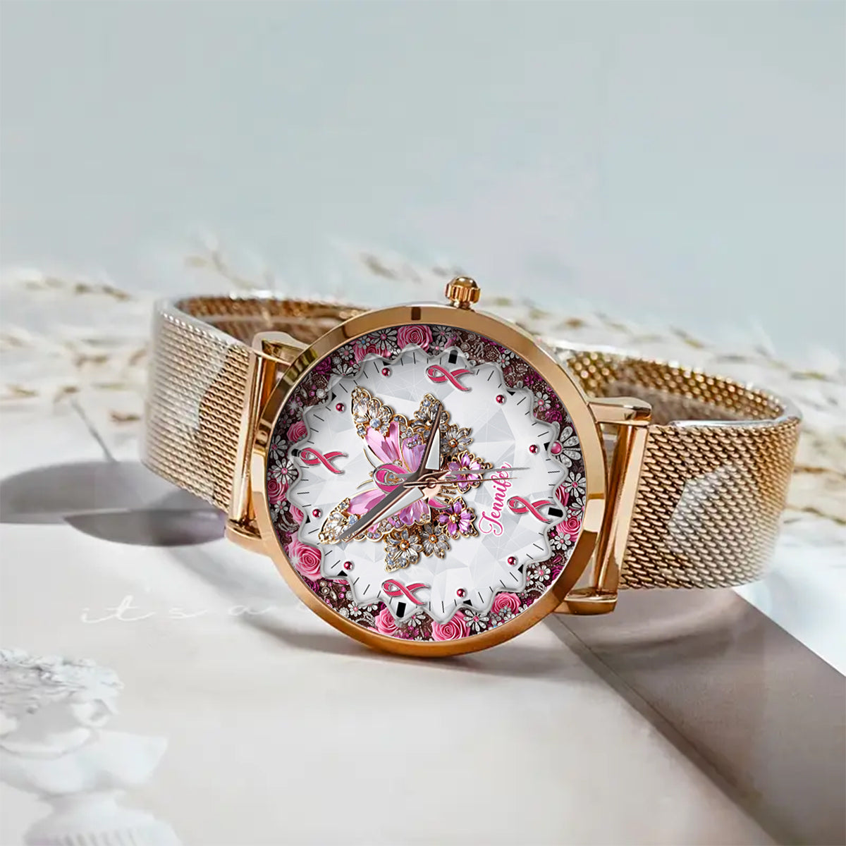 Glaube, Hoffnung, Liebe – Personalisierte Damen-Handuhr zur Sensibilisierung für Brustkrebs 
