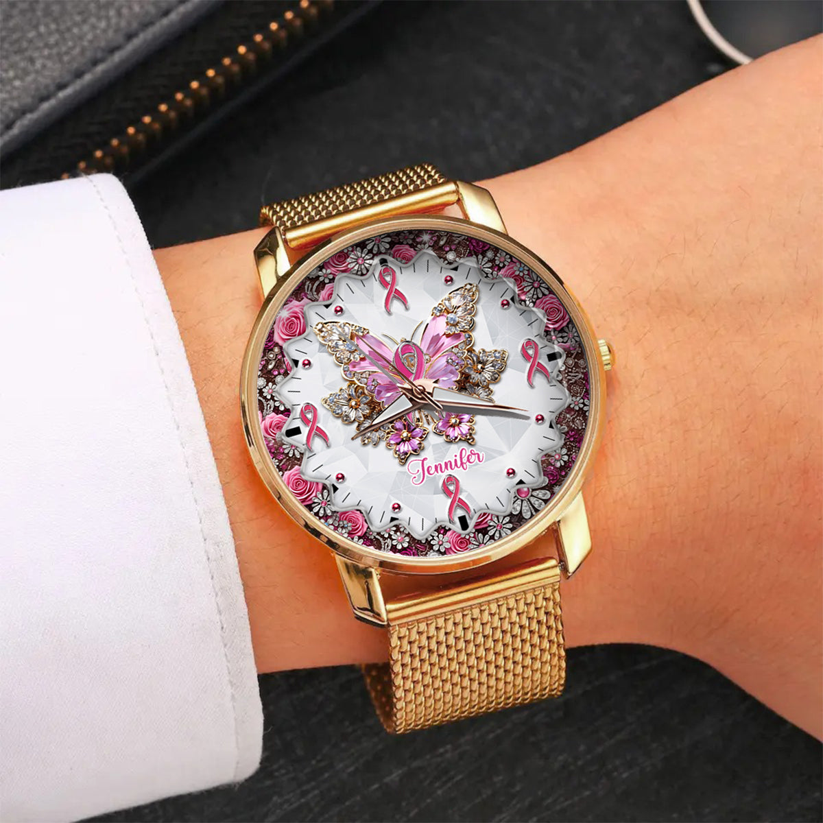 Glaube, Hoffnung, Liebe – Personalisierte Damen-Handuhr zur Sensibilisierung für Brustkrebs 