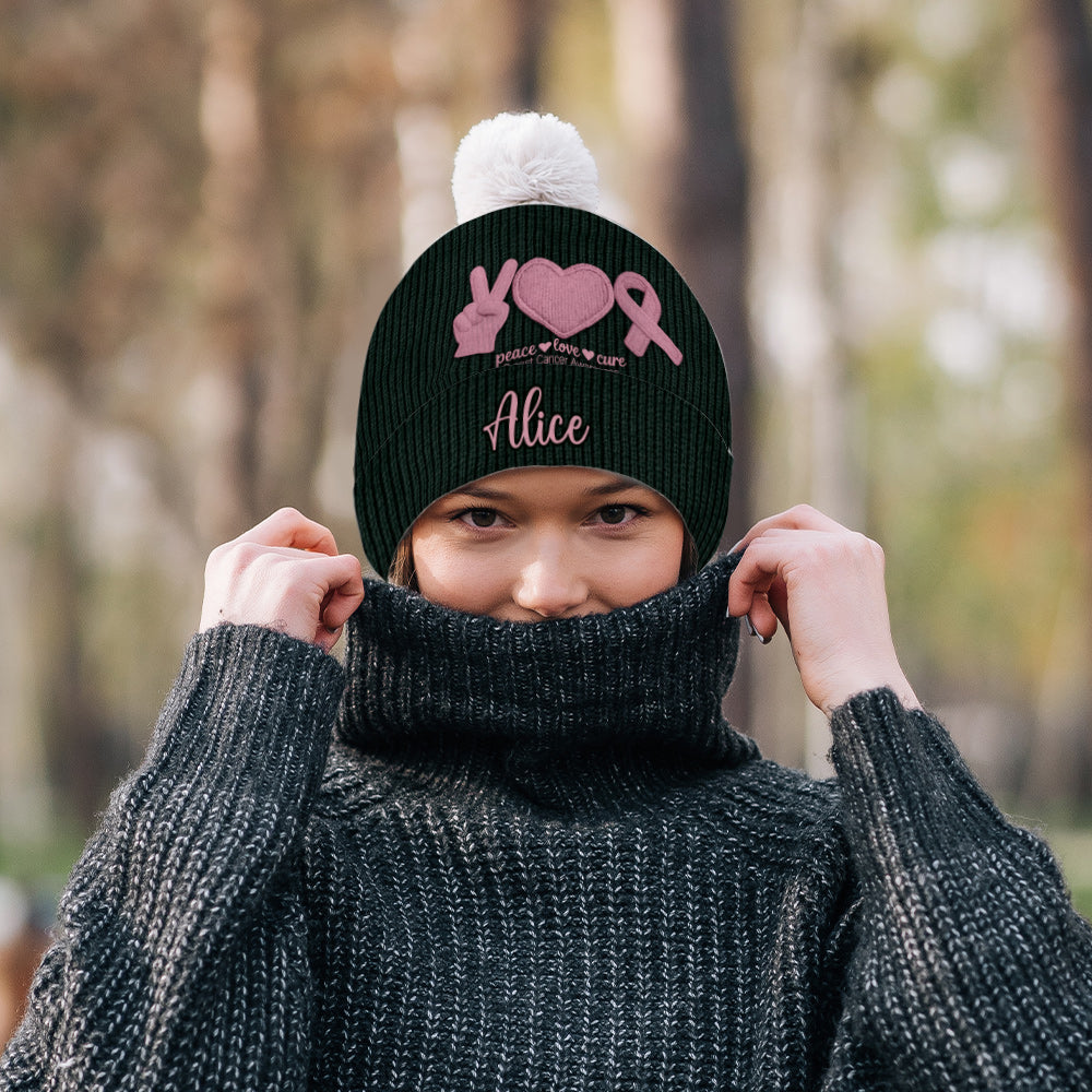 Peace Love Cure Pink Ribbon - Personalized Breast Cancer Awareness Beanie Hat