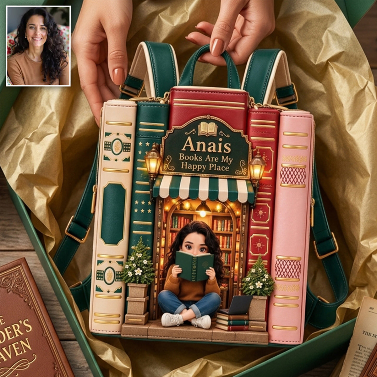 Vintage Stack Bookstore Bag - Personalized Book Changeable Leather Patch Backpack