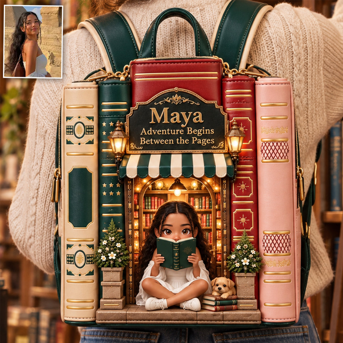 Vintage Stack Bookstore Bag - Personalized Book Changeable Leather Patch Backpack