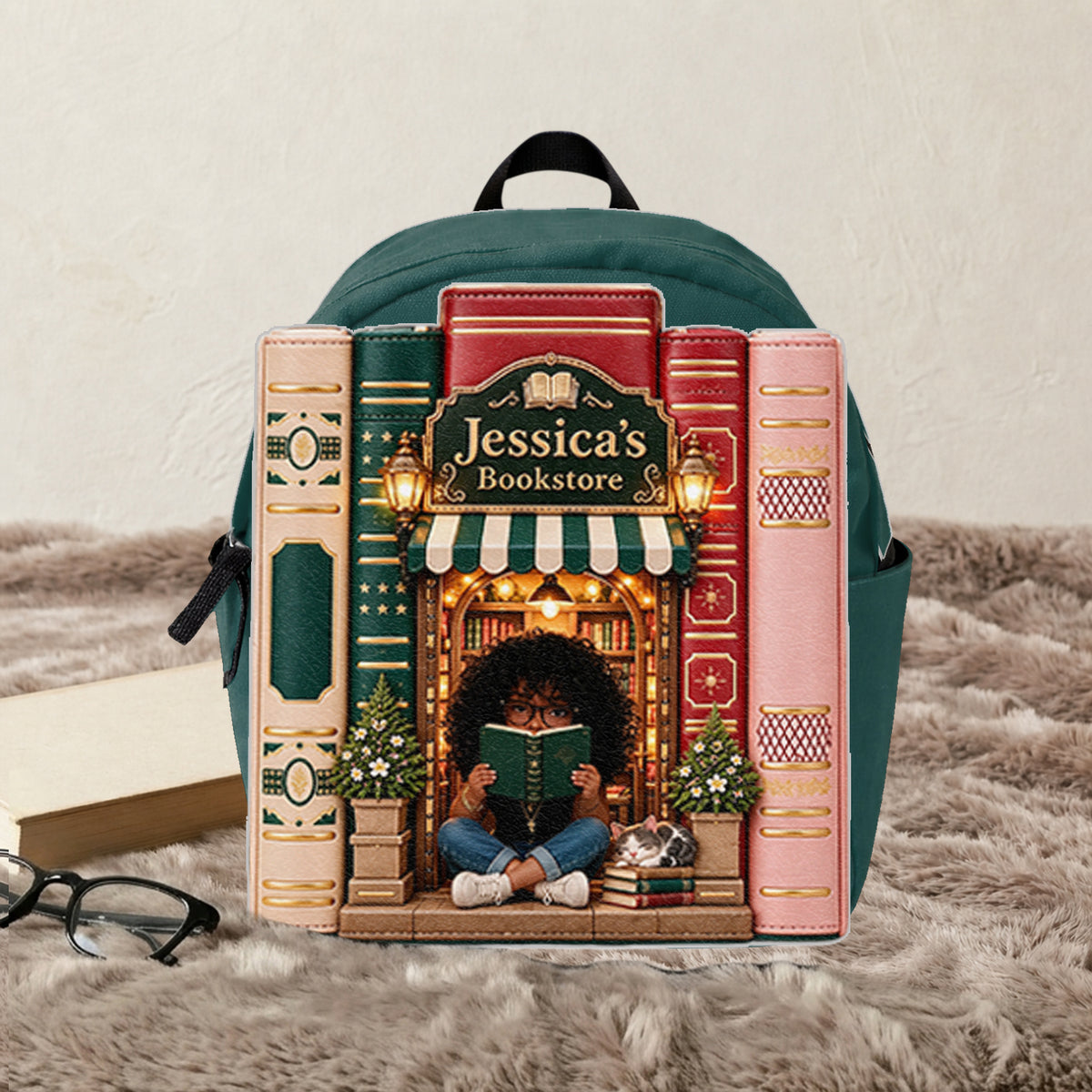 Vintage Stack Bookstore Bag - Personalized Book Changeable Leather Patch Backpack