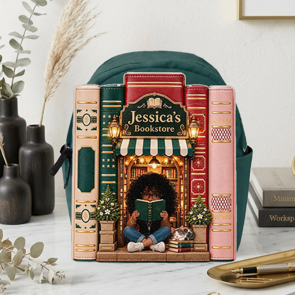 Vintage Stack Bookstore Bag - Personalized Book Changeable Leather Patch Backpack