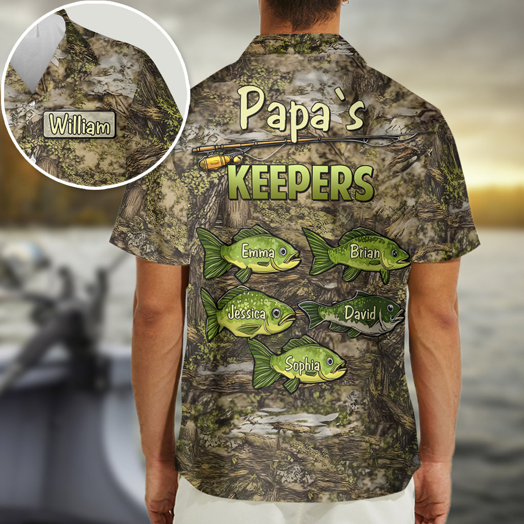 Chemise hawaïenne de pêche personnalisée à motif camouflage « Papa's Keepers »