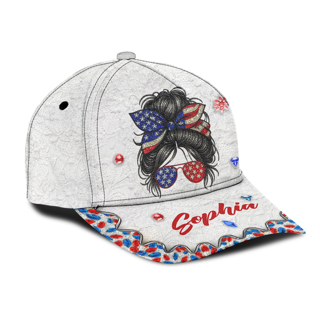 Casquette classique personnalisée « Messy Bun Girl » pour la fête nationale américaine (4 juillet).