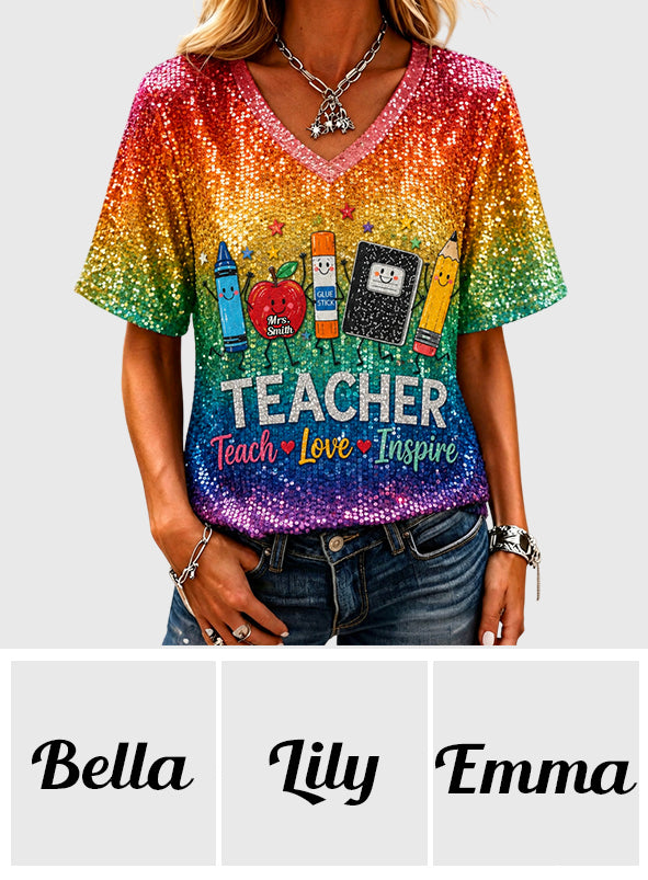 Teach Love Inspire - Personalized Teacher Fully Printed V-Neck T-Shirt