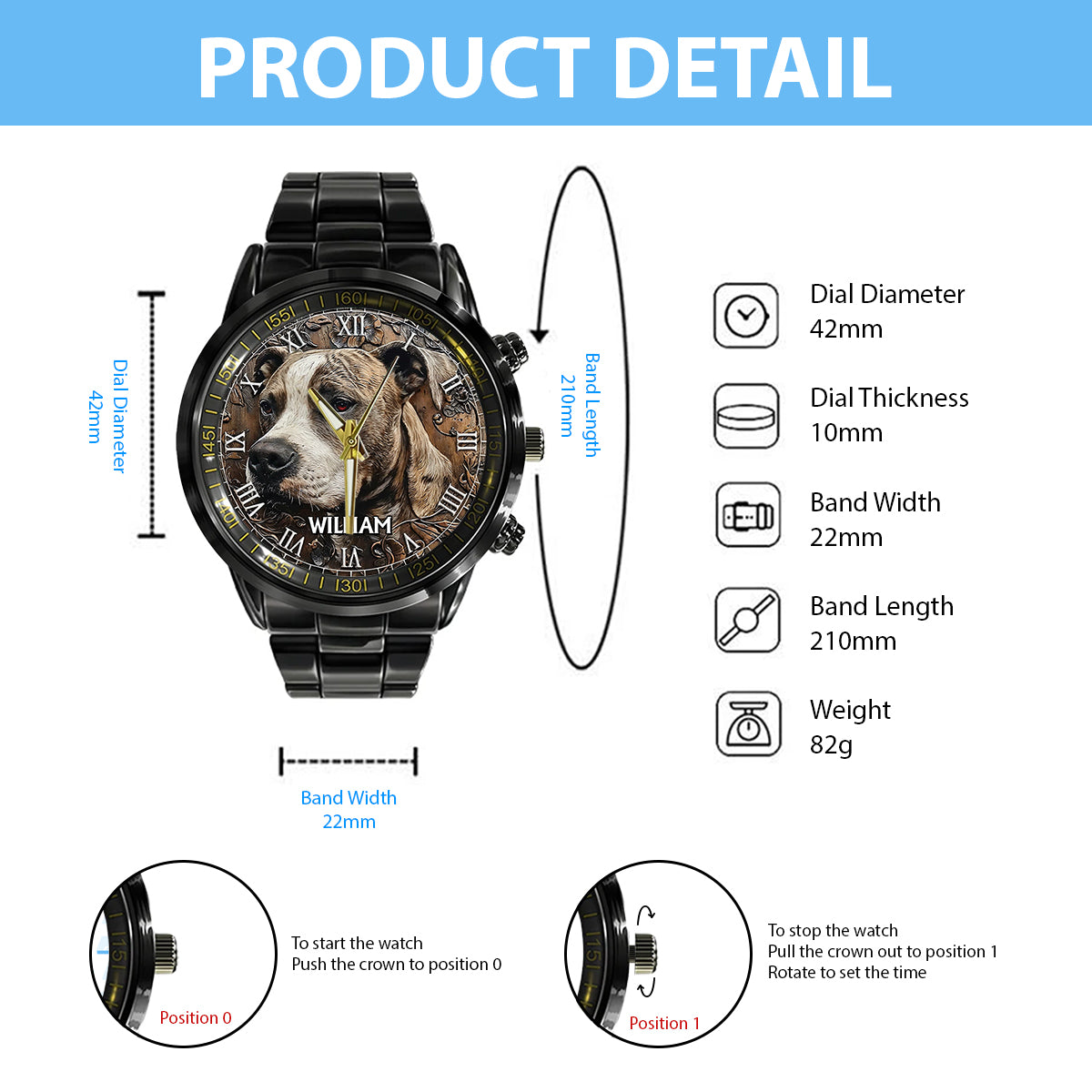 Montre-bracelet personnalisée pour chien Pitbull robuste