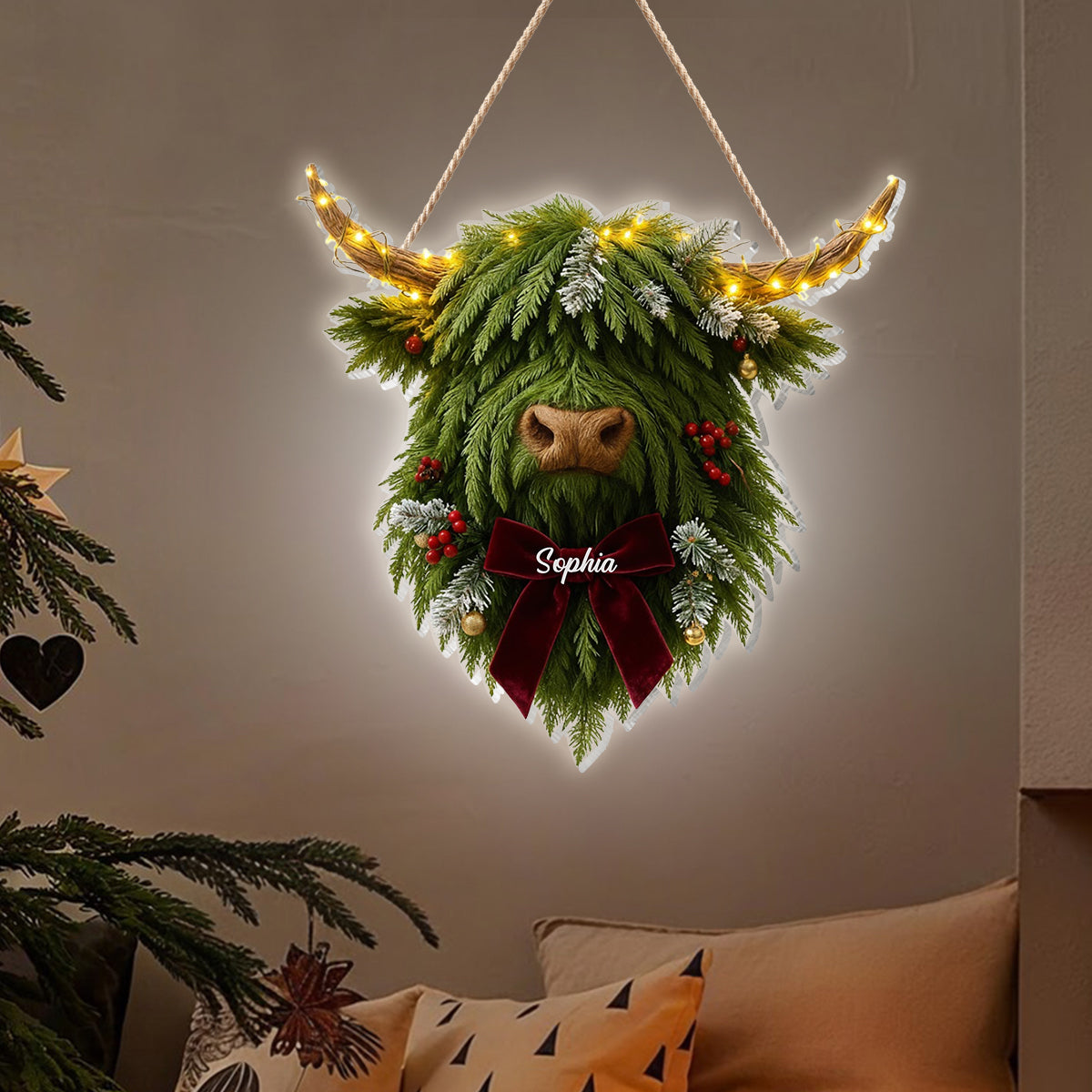 Kranz mit Hochlandrind-Motiv – Personalisiertes Acryl-Schild mit LED-Beleuchtung und Hochlandrind-Motiv