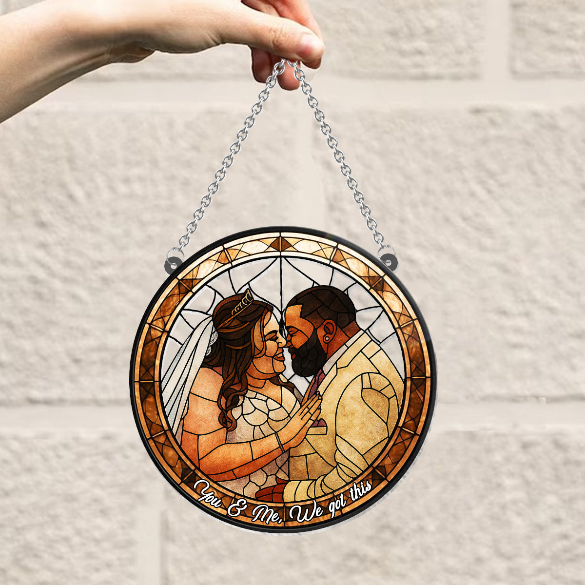 Custom Photo Portrait Couple Family Stained Glass Style - Personalized Couple Window Hanging Suncatcher Ornament