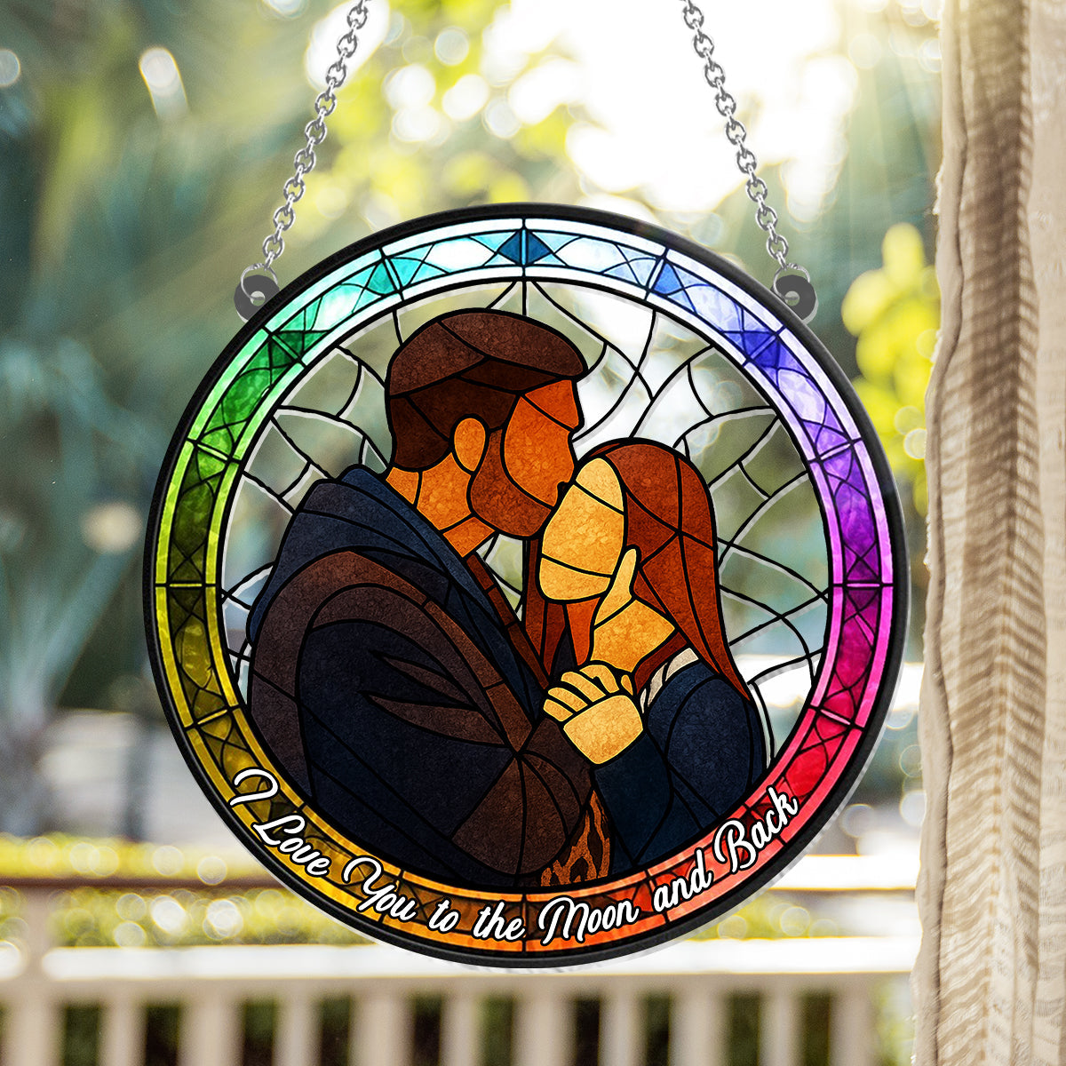 Custom Photo Portrait Couple Family Stained Glass Style - Personalized Couple Window Hanging Suncatcher Ornament