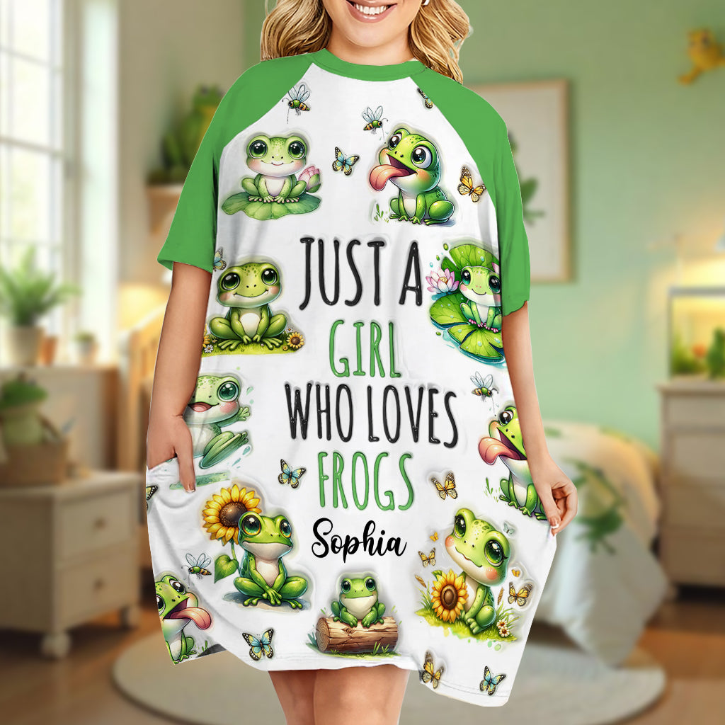 Einfach ein Mädchen, das Frösche liebt – personalisiertes Frosch-Schlafshirt-Kleid
