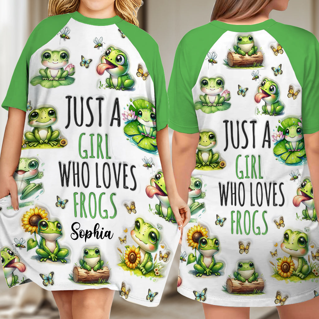 Einfach ein Mädchen, das Frösche liebt – personalisiertes Frosch-Schlafshirt-Kleid