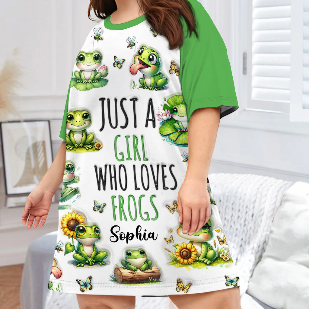 Einfach ein Mädchen, das Frösche liebt – personalisiertes Frosch-Schlafshirt-Kleid