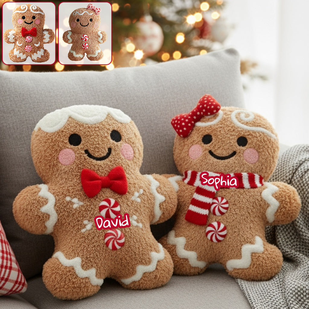 Coussin personnalisé en forme de famille « Joyeux Noël en pain d'épice »