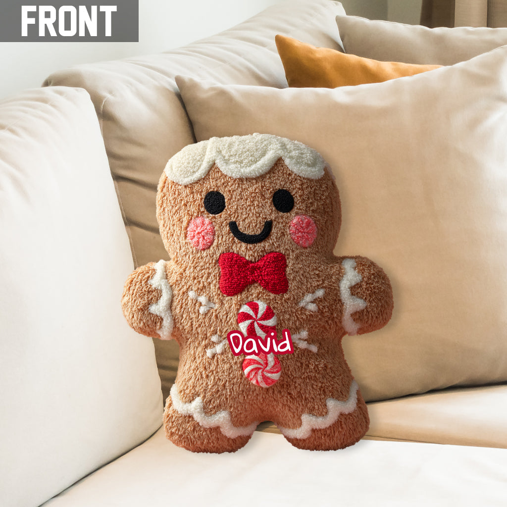 Coussin personnalisé en forme de famille « Joyeux Noël en pain d'épice »