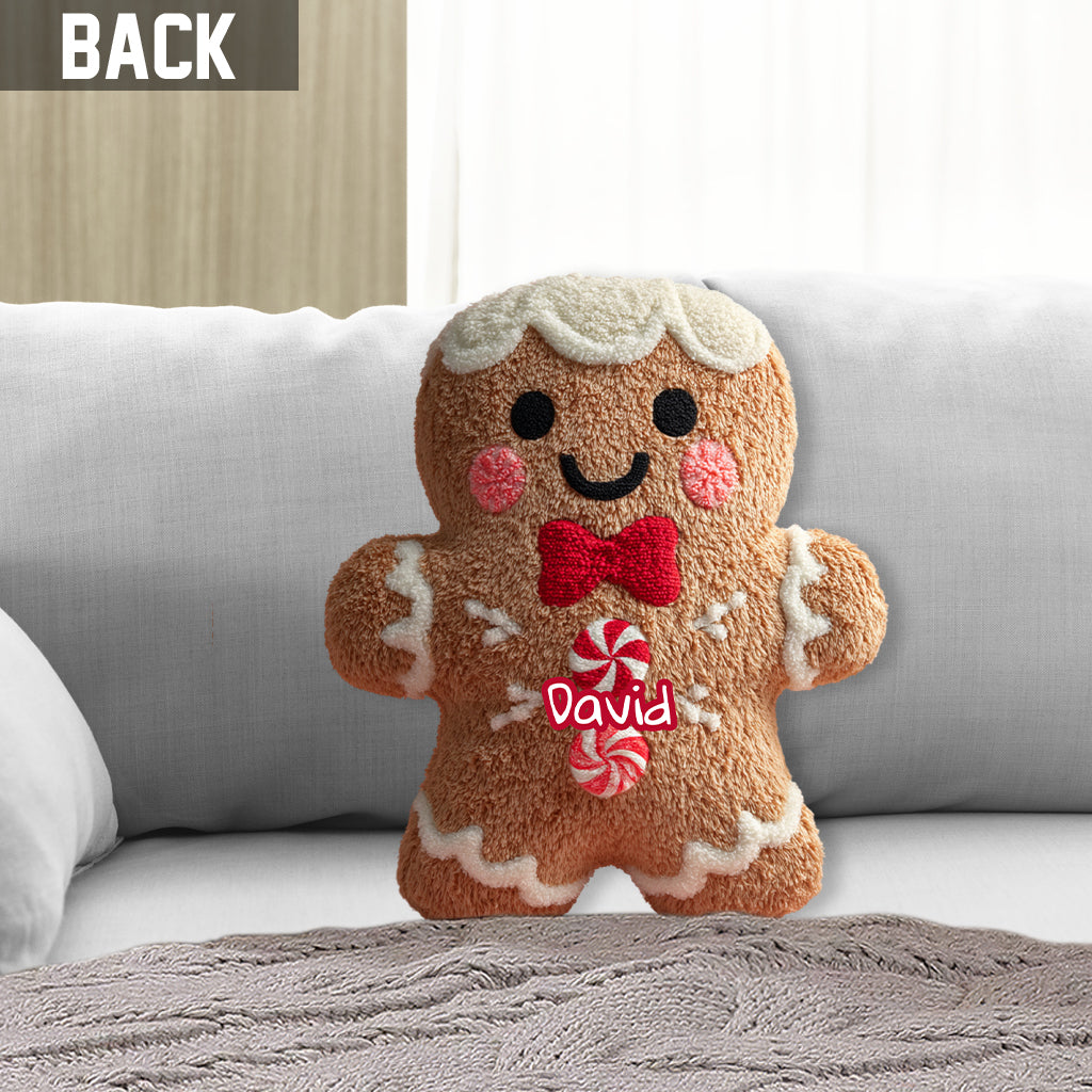 Coussin personnalisé en forme de famille « Joyeux Noël en pain d'épice »
