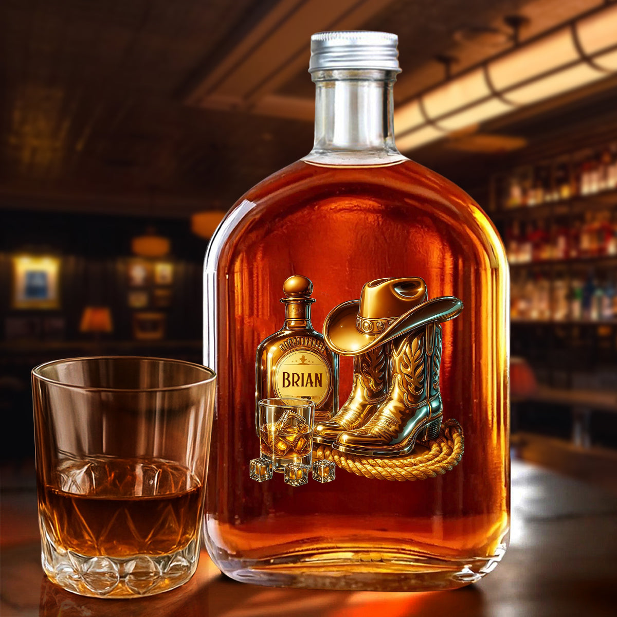 Bottes de cowboy, chapeau et bouteille de whisky personnalisée