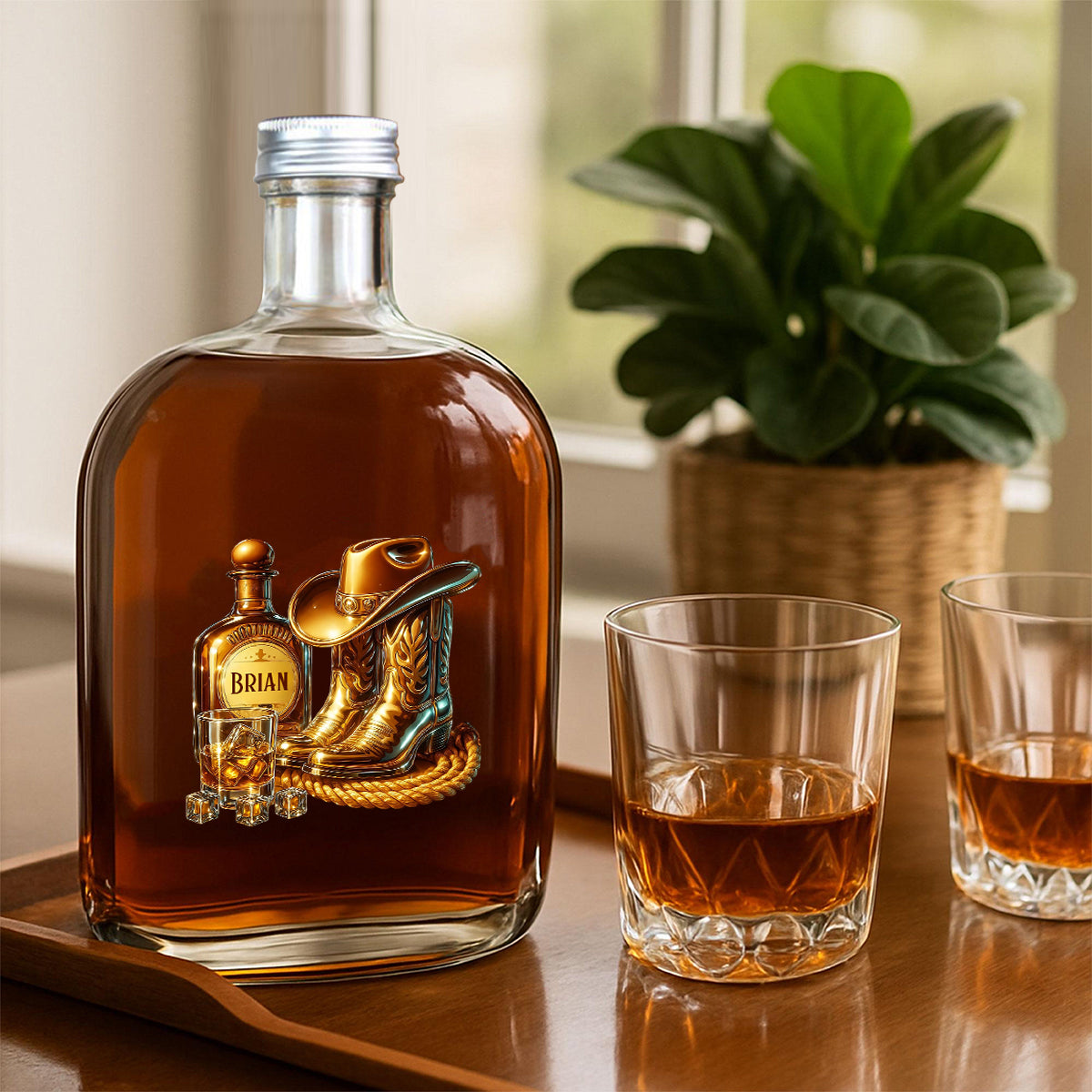 Bottes de cowboy, chapeau et bouteille de whisky personnalisée