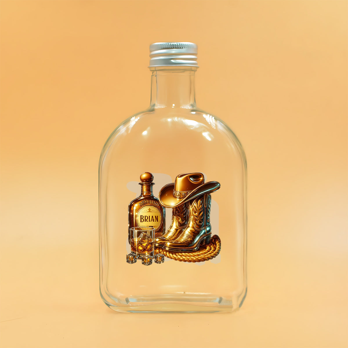 Bottes de cowboy, chapeau et bouteille de whisky personnalisée