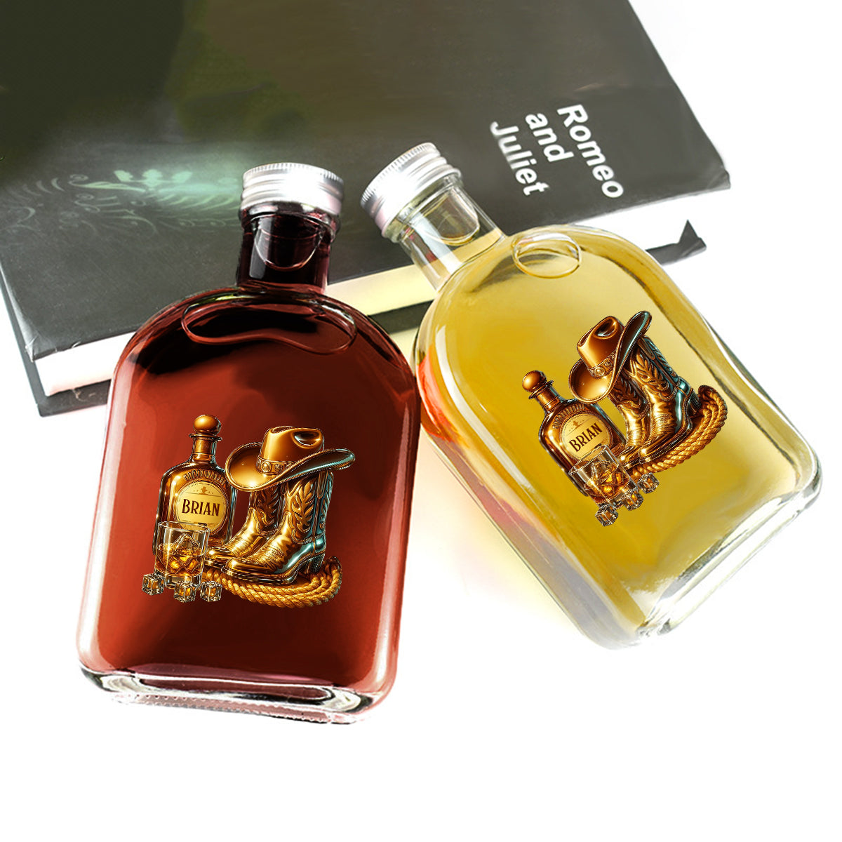 Bottes de cowboy, chapeau et bouteille de whisky personnalisée