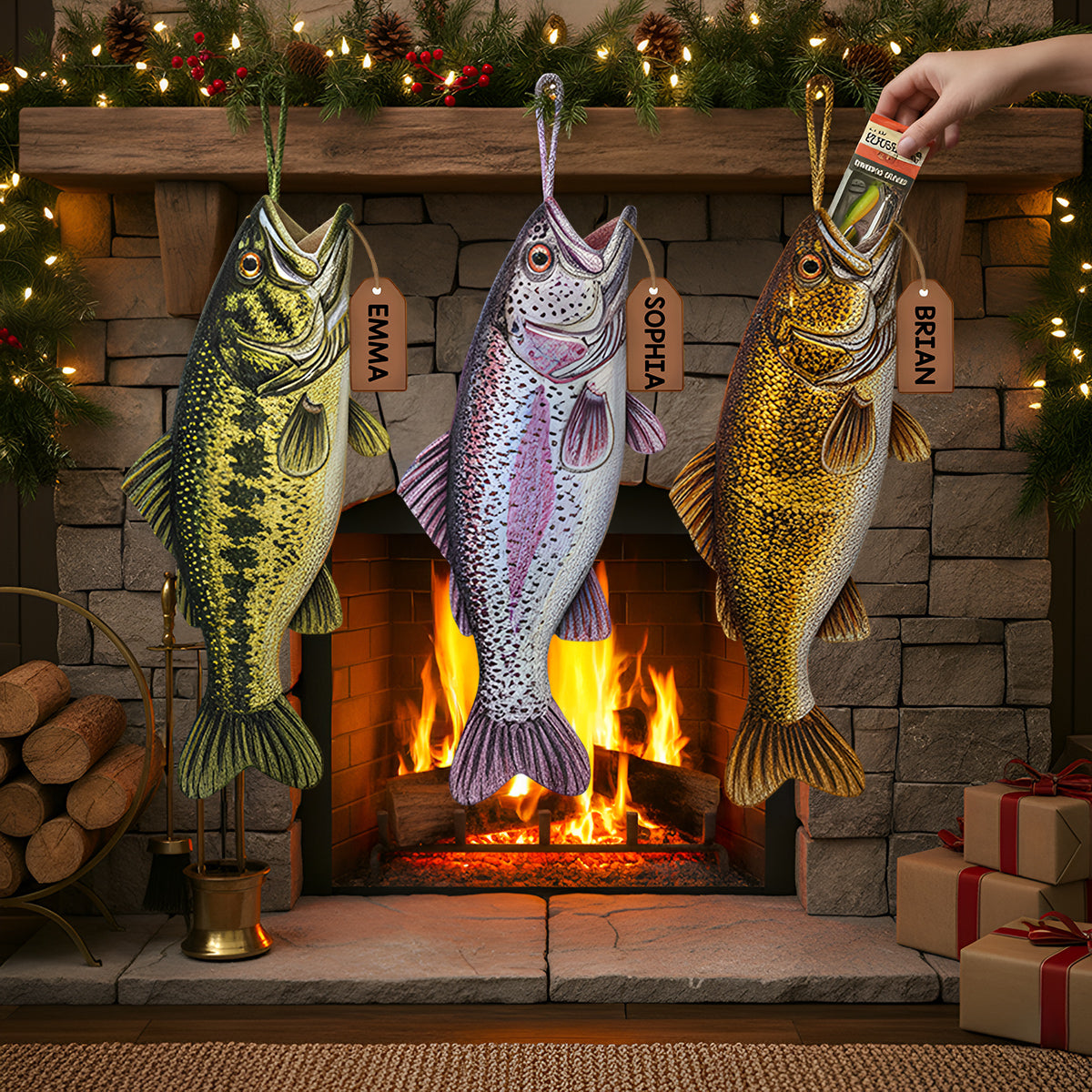 Fröhliche Fischweihnachten – personalisierter Weihnachtsstrumpf in Anglerform