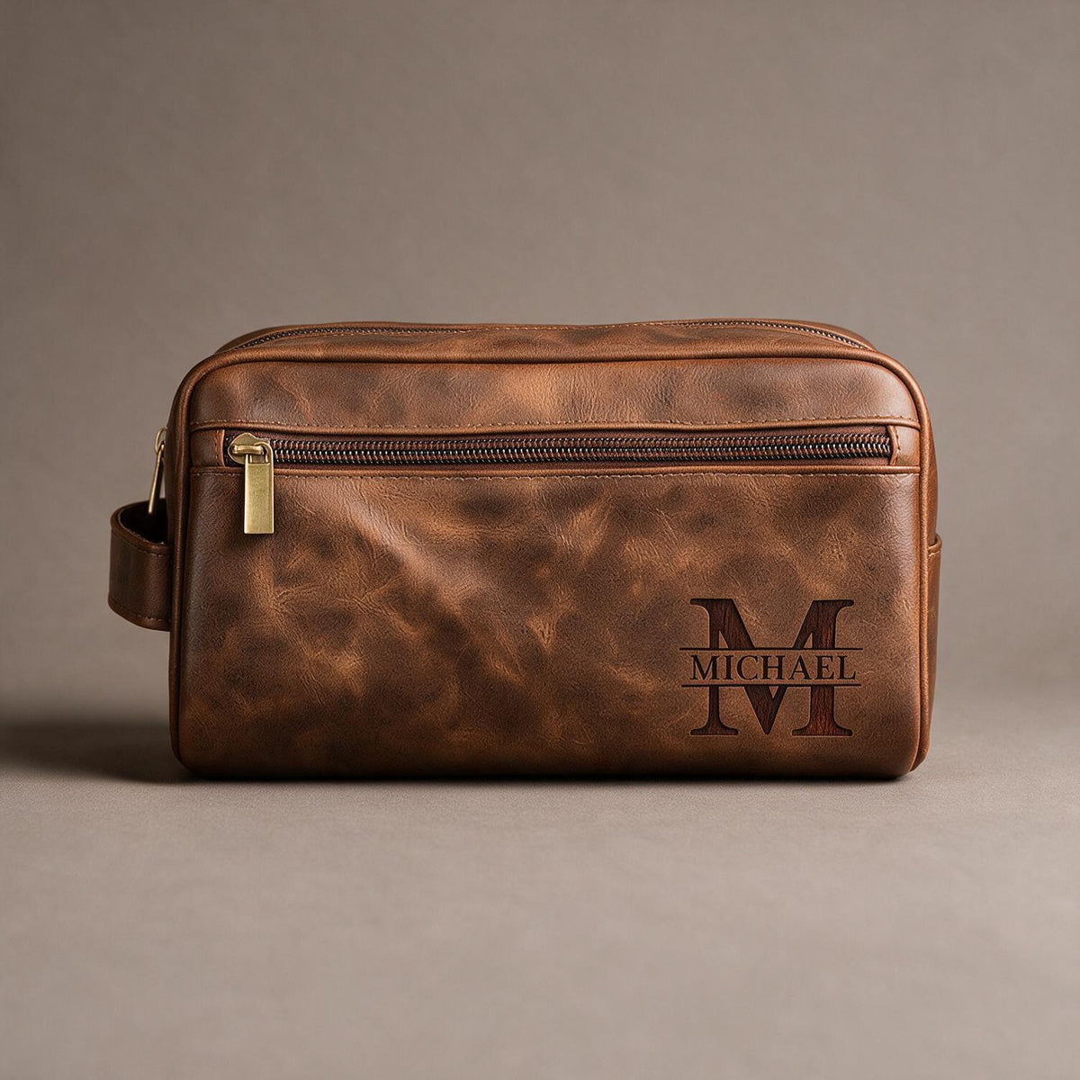 Personalized Monogrammed Brown Leather Toiletry Bag, Gift for Men