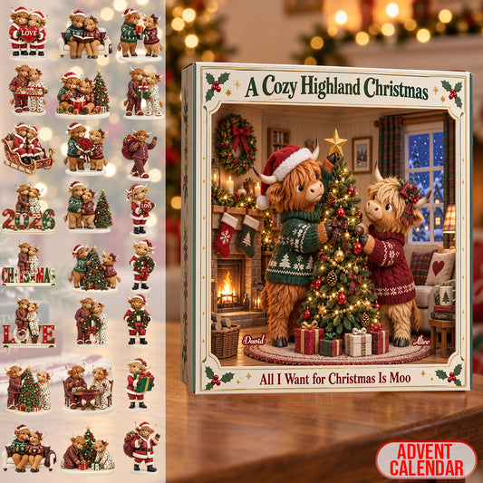 Hochlandrind Weihnachtsgeschenk-Paar - Personalisierter Hochlandrind Falt-Adventskalender mit Ornamenten
