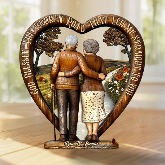 God Blessed The Broken Road - Personalized Couple Custom Shaped Wood Plaque