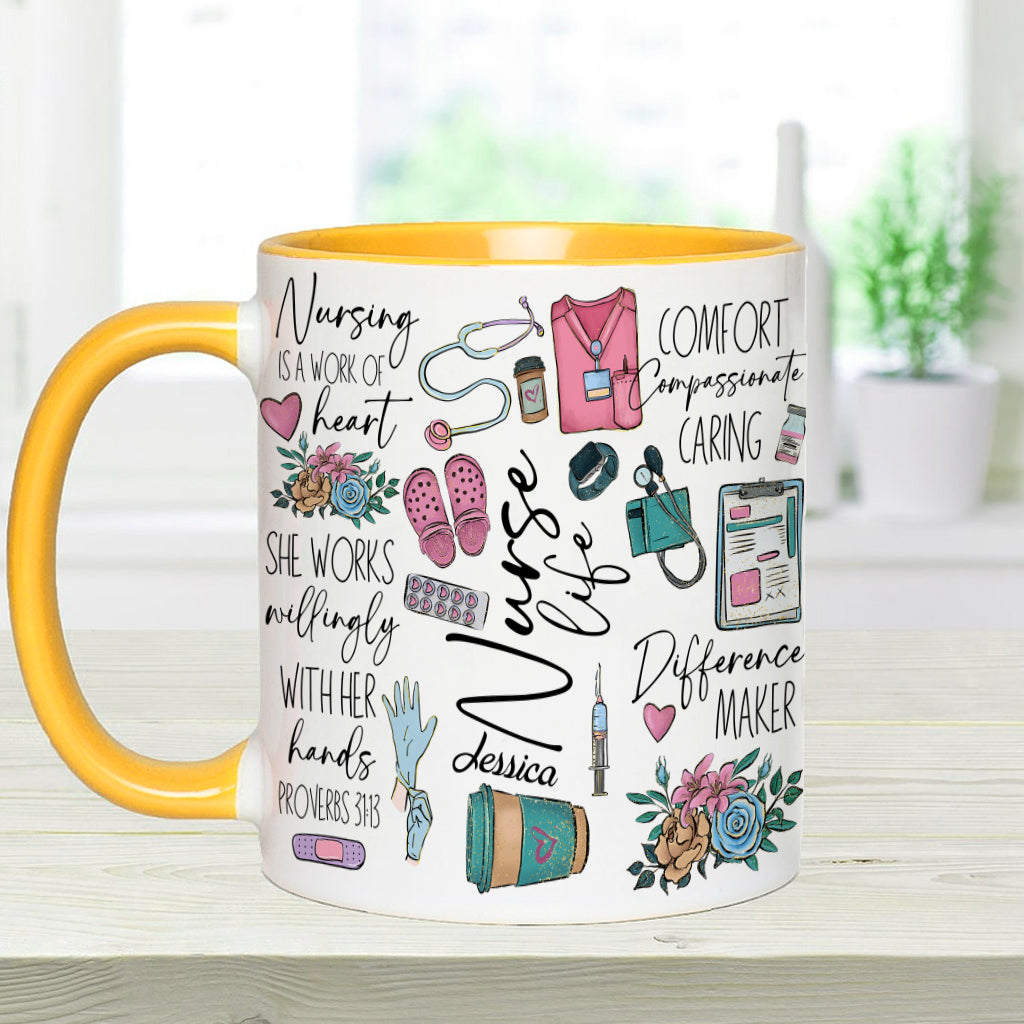 Nursing Is A Work Of Heart - Personalized Nurse Accent Mug
