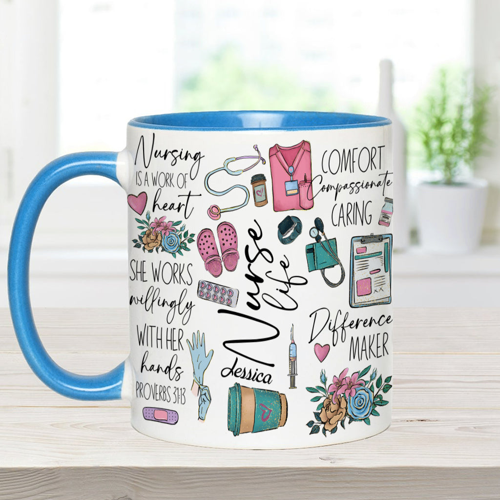 Nursing Is A Work Of Heart - Personalized Nurse Accent Mug