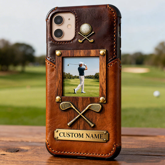 Erinnerungen auf dem Golfplatz – Personalisierte Golf-Handyhülle aus Leder