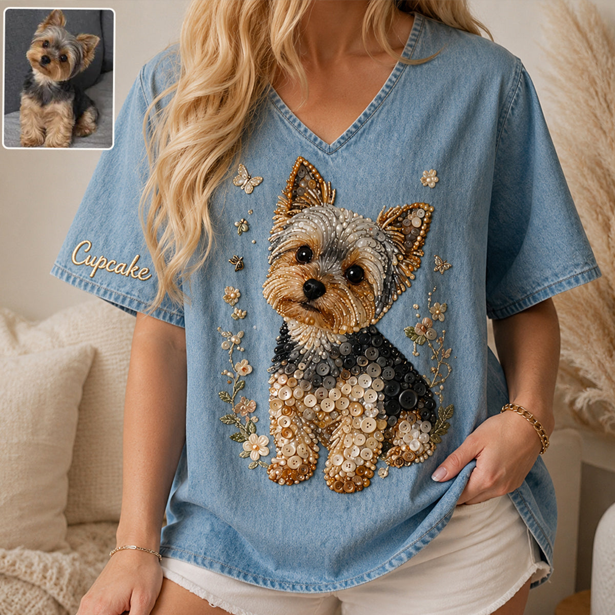 Button Mosaic Art Styled Shirt for Pet Lovers - Personalized Dog Fully Printed V-Neck T-Shirt