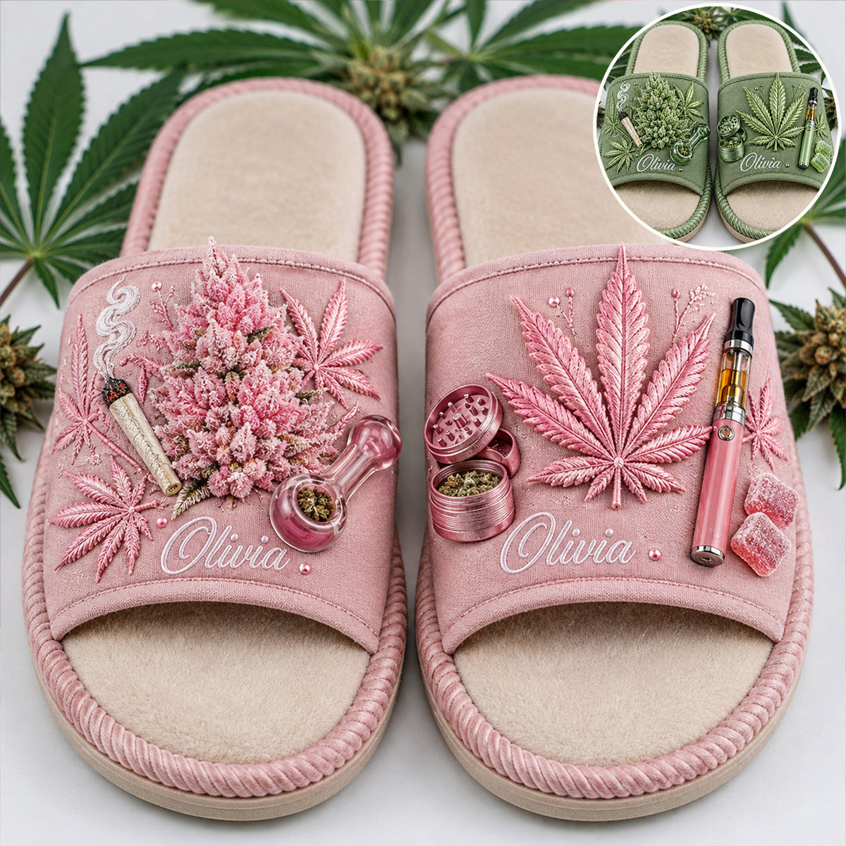 Personalisierte Cannabisblatt bestickte offene Hausschuhe