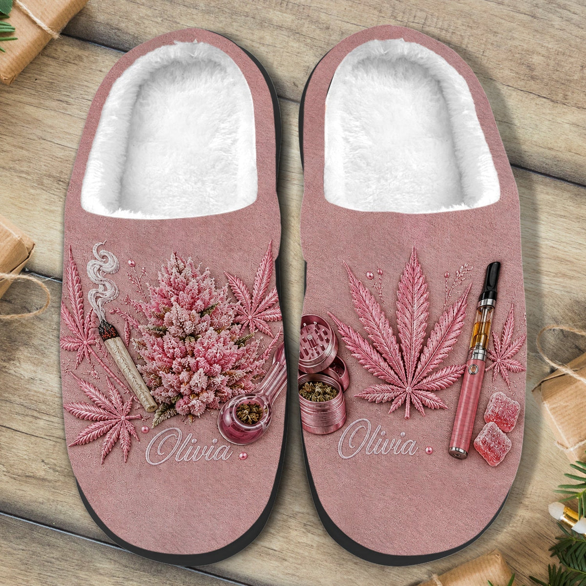 Personalisierte Cannabisblatt bestickte offene Hausschuhe