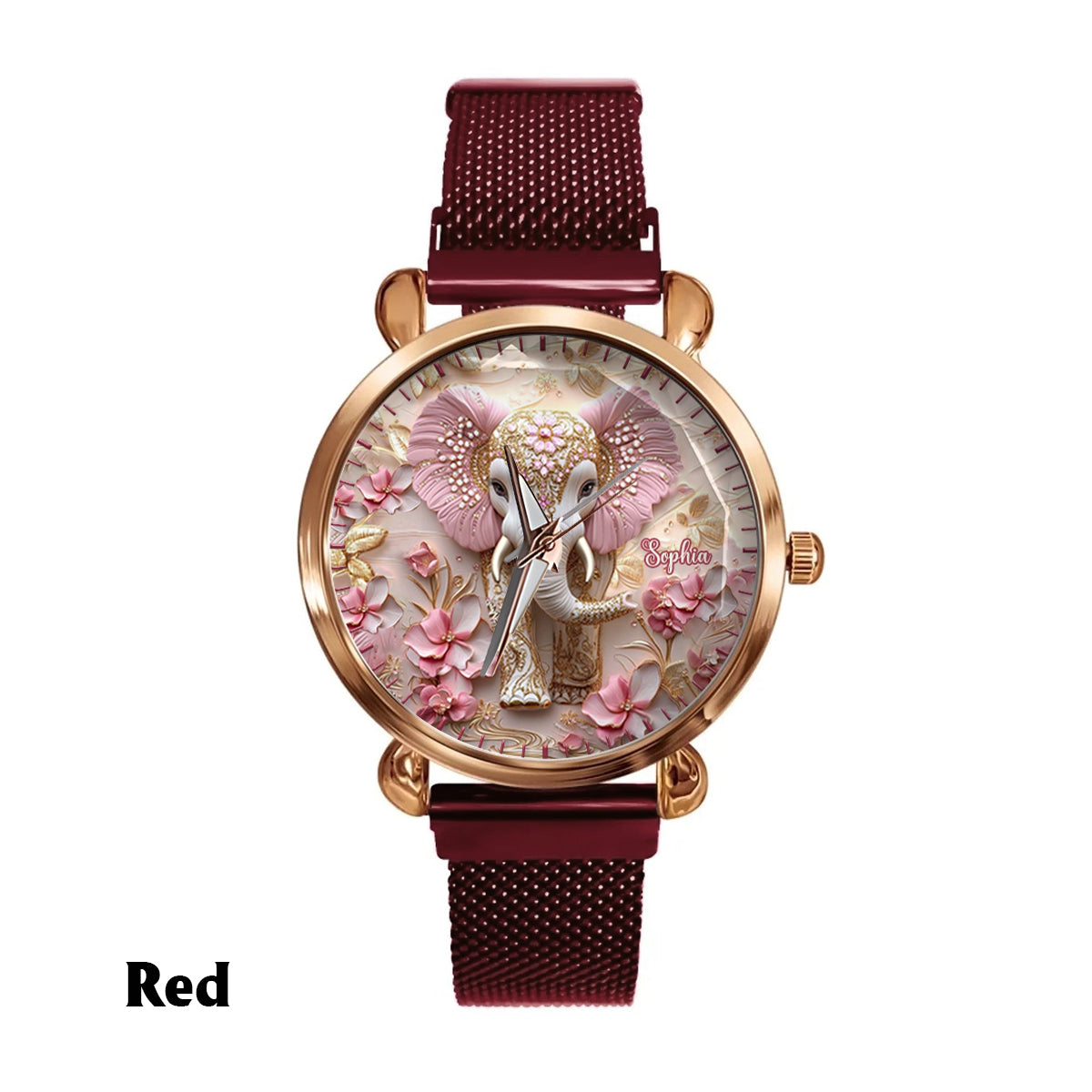 Pink leuchtender Elefant – Personalisierte Elefanten-Damenhanduhr