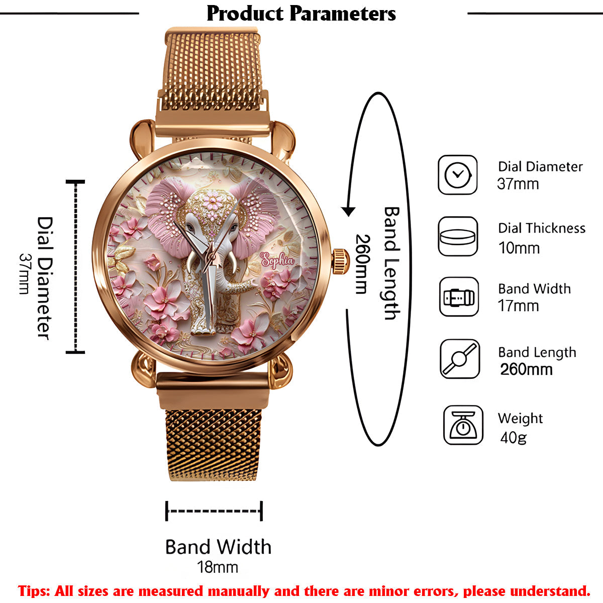 Pink leuchtender Elefant – Personalisierte Elefanten-Damenhanduhr