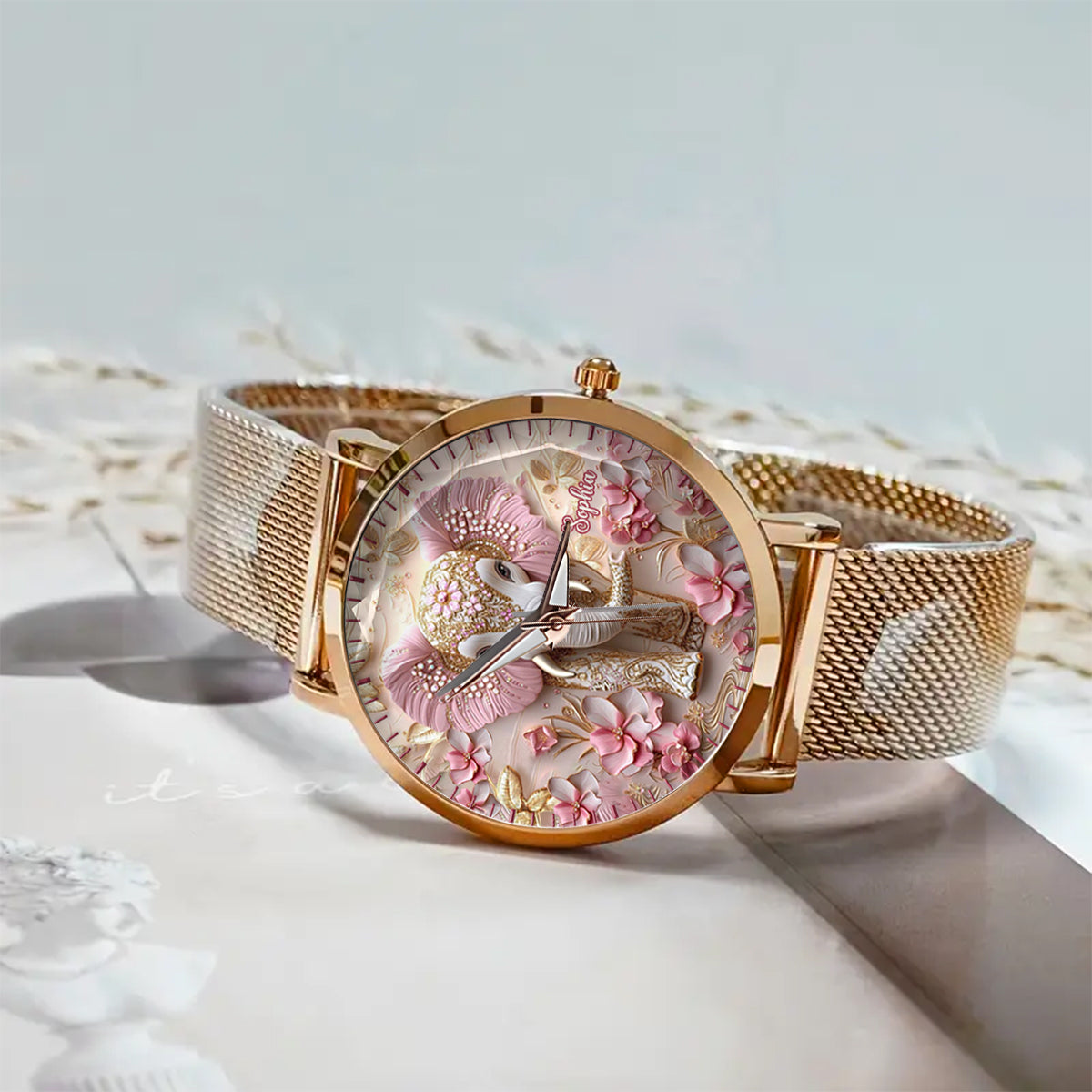 Pink leuchtender Elefant – Personalisierte Elefanten-Damenhanduhr