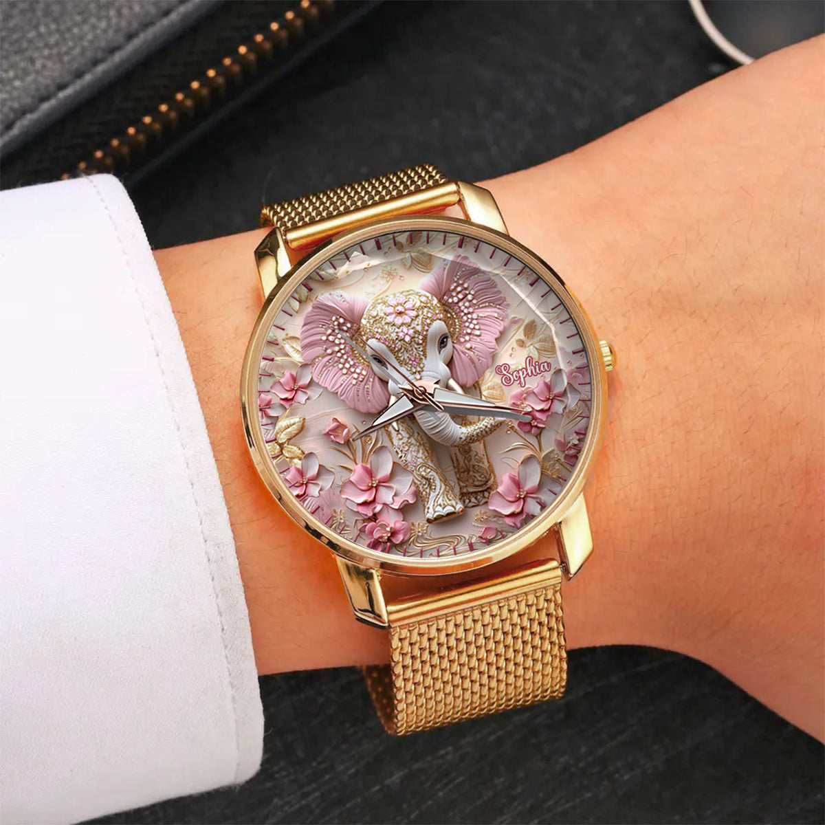 Pink leuchtender Elefant – Personalisierte Elefanten-Damenhanduhr