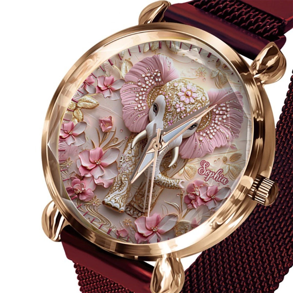 Pink leuchtender Elefant – Personalisierte Elefanten-Damenhanduhr