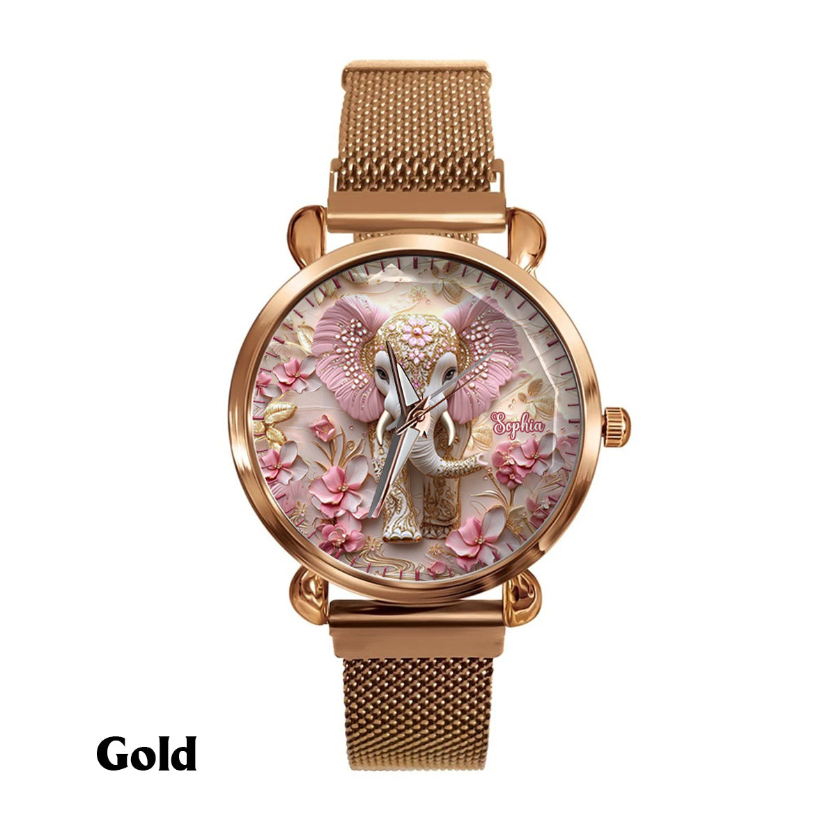 Pink leuchtender Elefant – Personalisierte Elefanten-Damenhanduhr