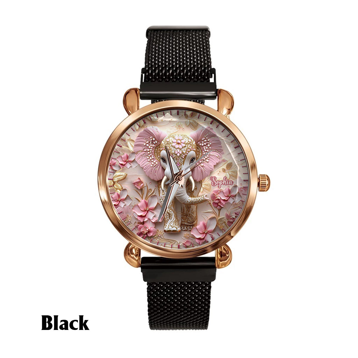 Pink leuchtender Elefant – Personalisierte Elefanten-Damenhanduhr