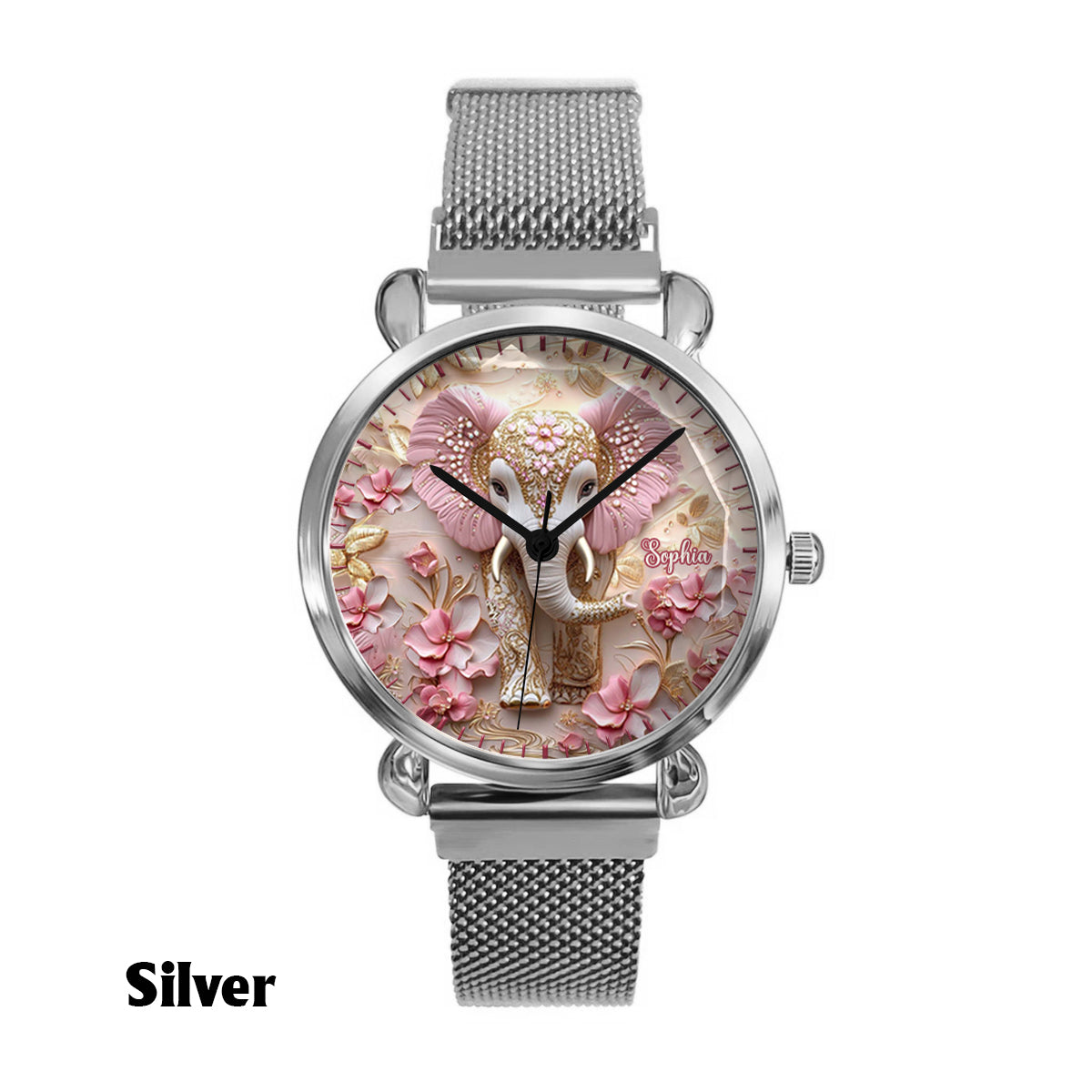 Pink leuchtender Elefant – Personalisierte Elefanten-Damenhanduhr