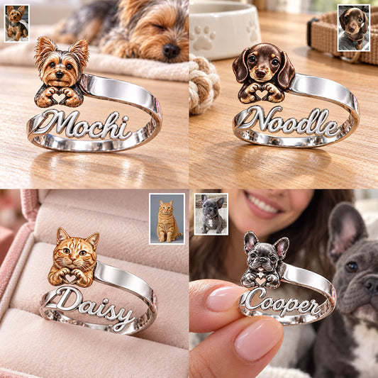 Personnalisez avec une photo et un nom - Bague ajustable en forme de chien